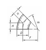 45°-bend - mål H (senter-til-ende), F og radius R